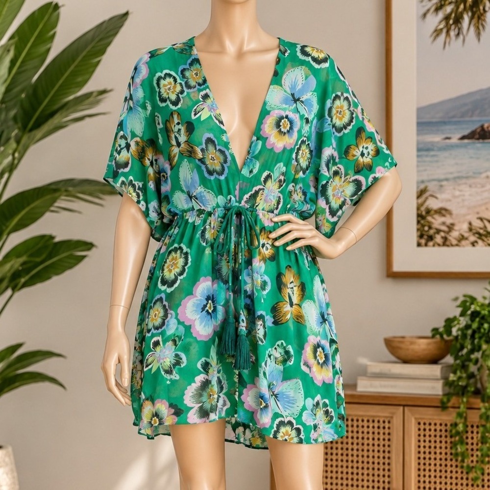 Aerie Womens Swim Cover Up Green Floral Tassel Hem Medium Large